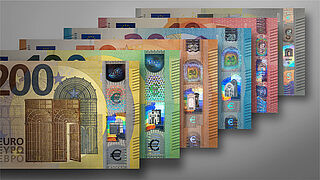 A quantum leap in security – The 2nd Euro series is protected by KURZ Technology Image of entire 2nd series of Euro banknotes with KINEGRAM® security features