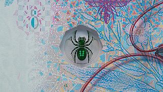 The Spider in the Net – Sample Note of Hungarian Banknote Printing & Shareholding Company with KINEGRAM® APL by KURZ Close-up of KINEGRAM® APL sample with a finely detailed spider design